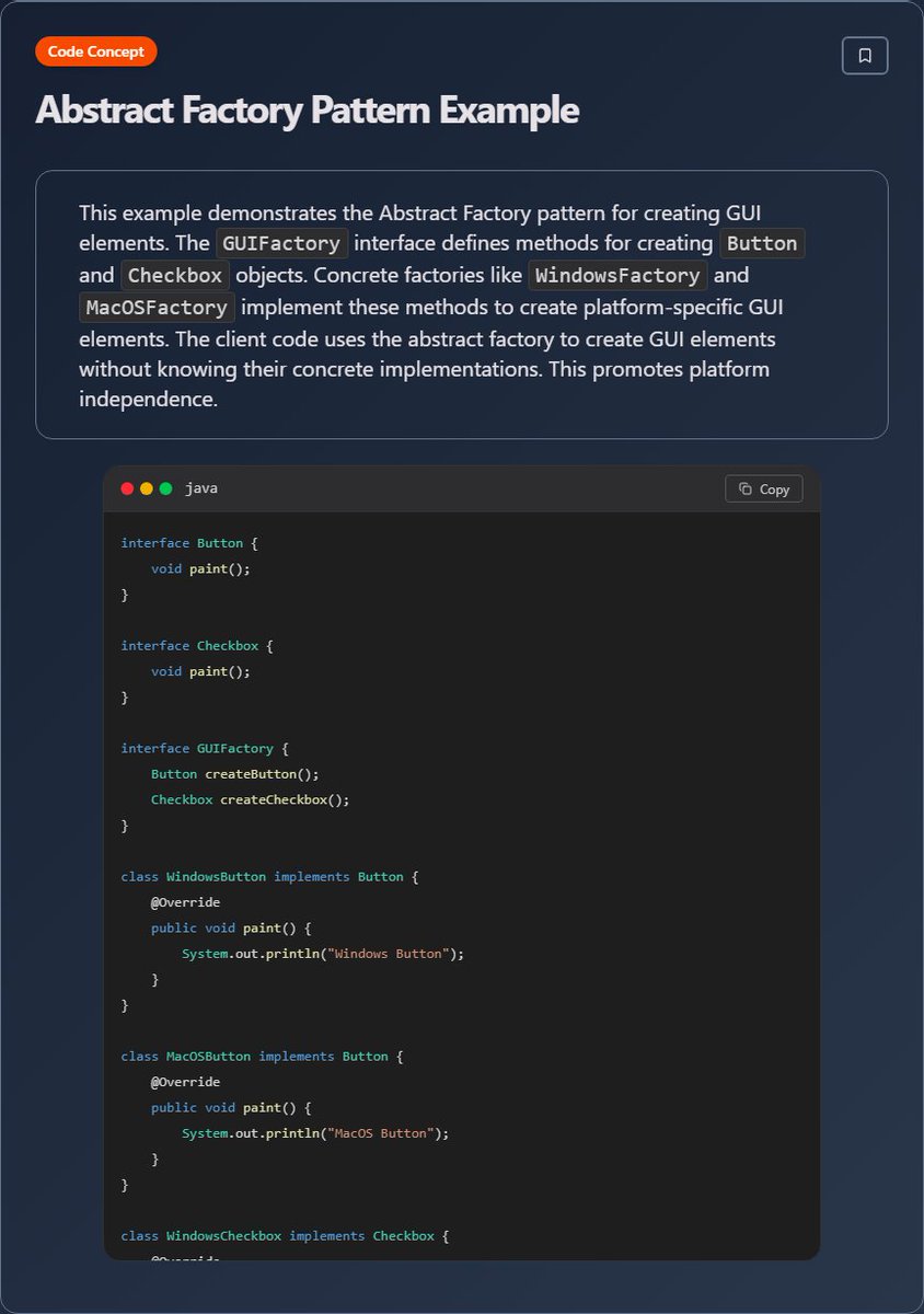 techielearns's tweet image. ✨ Abstract Factory Pattern Example (Java)

#Java #JavaDev #OOP #Backend #100DaysOfCode #DevLife