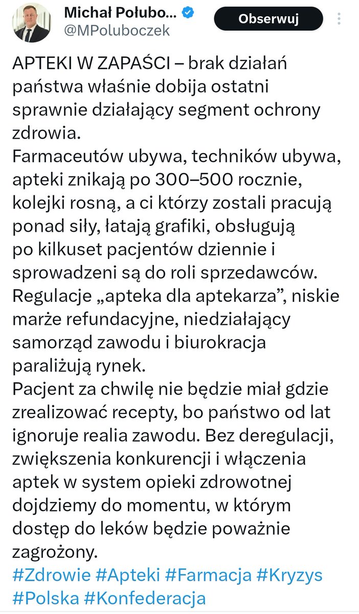 Urocze, jak często Konfederacja działa przeciw polskim indywidualnym aptekarzom i na rzecz dużego kapitału, który najchętniej z apteki zrobiłby skrzyżowanie Żabki z Orlenem. 

Przepisy antymonopolowe muszą zostać!

Poniżej skrin z <a href="/MPoluboczek/">Michał Połuboczek</a> bo skasował jak przyszedłem pogadać.
