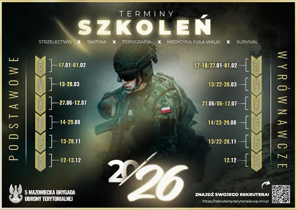 WCRMinskMaz's tweet photo. 𝙕𝙤𝙨𝙩𝙖𝙣́ 𝙏𝙚𝙧𝙮𝙩𝙤𝙧𝙞𝙖𝙡𝙨𝙚𝙢!
Wybierz termin swojej 16-stki w #5MBOT
🪖  #18SBOT - Rembertów, Ursynów, Borzęcin Duży,
🪖  #5MBOT - Siedlce, Ciechanów, Komorowo, Zegrze.
Spróbuj swoich sił - ☎️ 600-888-052 https://t.co/GseW3BeMwI