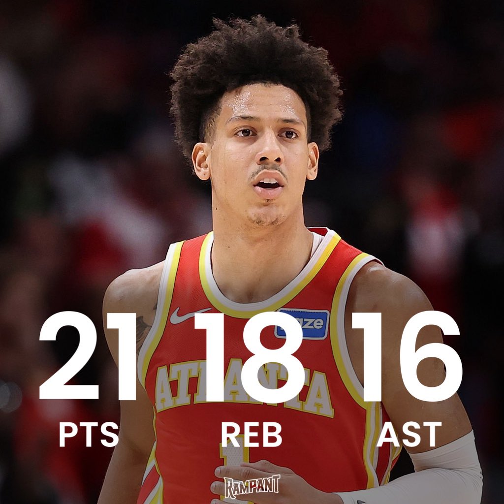 🔥 Jalen Johnson vs Denver Nuggets:

21 Points
18 Rebounds 
16 Assists
2 Steals

Lost by one point but JJ absolutely went off again. #TrueToAtlanta