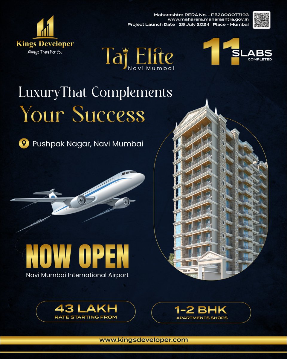developer_kings's tweet photo. Take off to a life of luxury ✈️ Taj Elite – Where success meets sophistication in Navi Mumbai!
🏡 1 &amp; 2 BHK Luxury Residences + Shops 💰 Starting at just ₹43 Lakh* 📍 Right opposite Navi Mumbai International Airport
Now Open | 11 Slabs Completed https://t.co/n7AT6c3e1W