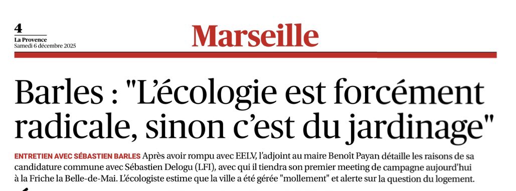 Non <a href="/sebbarles/">Sébastien Barles</a> l’écologie n’est pas forcément radicale ! Non seulement ces propos sont méprisants pour celles et ceux qui agissent au quotidien, mais ils réduisent l’écologie à une posture idéologique.
L’#ecologie se construit avec sérieux, ambition et #responsabilité

#Marseille