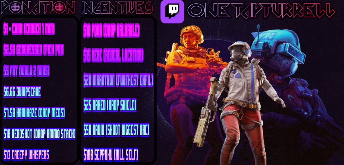 OneTapTurrell's tweet image. Tonight is gonna be something special! We got @ARCRaidersGame. We got Dono incentives and we got some silly syrup! This is gonna be interesting!
twitch.tv/onetapturrell