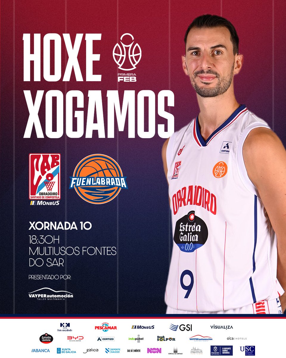 GAMEDAY 🔥

🏆 10ª Xornada de #PrimeraFEB
🆚 <a href="/BFuenlabrada/">Flexicar Fuenlabrada</a> 
⏰ 18:30
🏟️ Multiusos Fontes do Sar
▶️ LALIGA+

#MonbusObradoiro #NósNonFaltamos