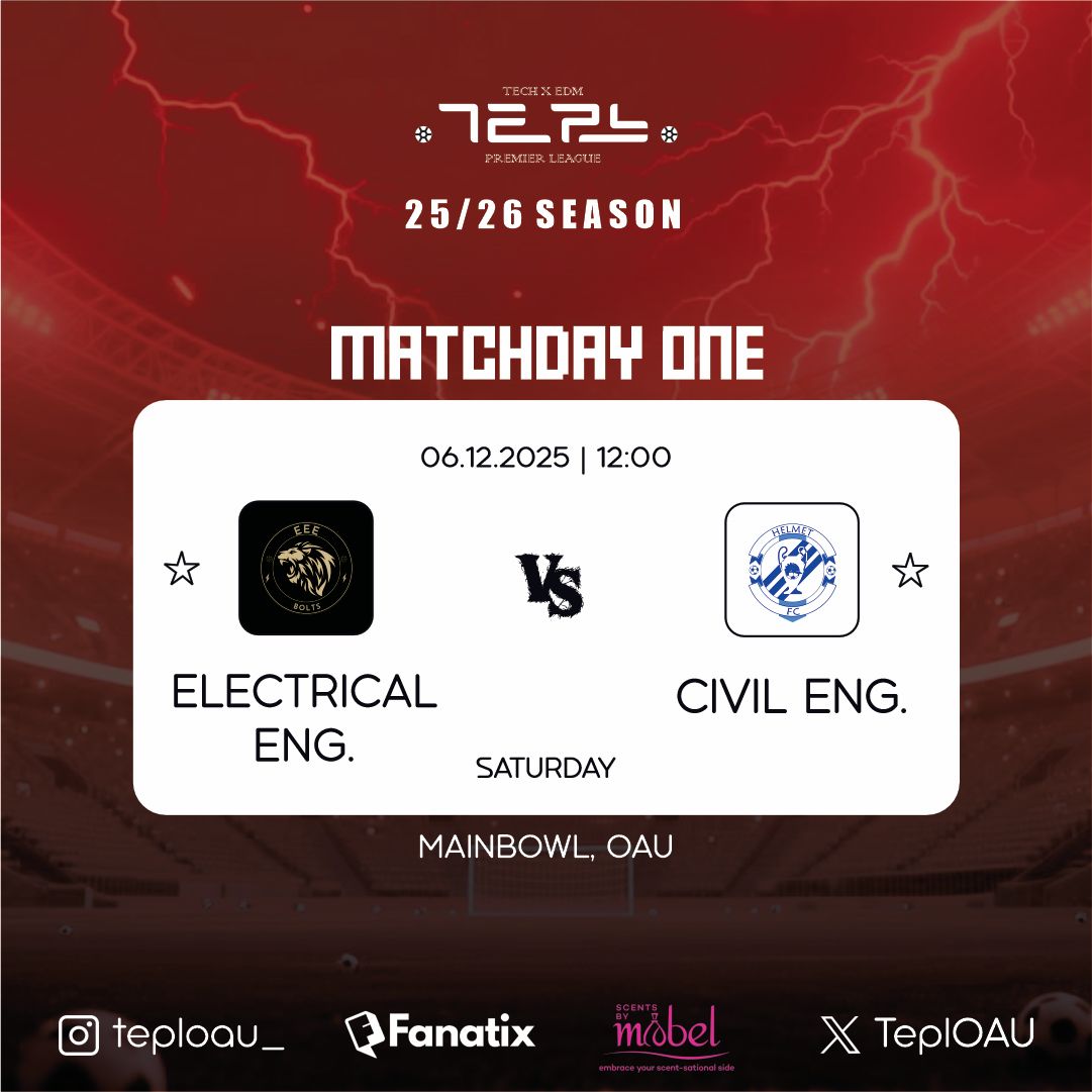 TeplOAU's tweet photo. Wires crossed. Foundations shaken. 

EEE face Civil Engineering in a high-voltage derby to light up Gameweek 1.

Shockwaves incoming EEE’s spark meets Civil’s solidity. Only one team will engineer the perfect start.

Electric pace vs concrete defense.

stay seated.😌 https://t.co/B3hbFOnd7Q