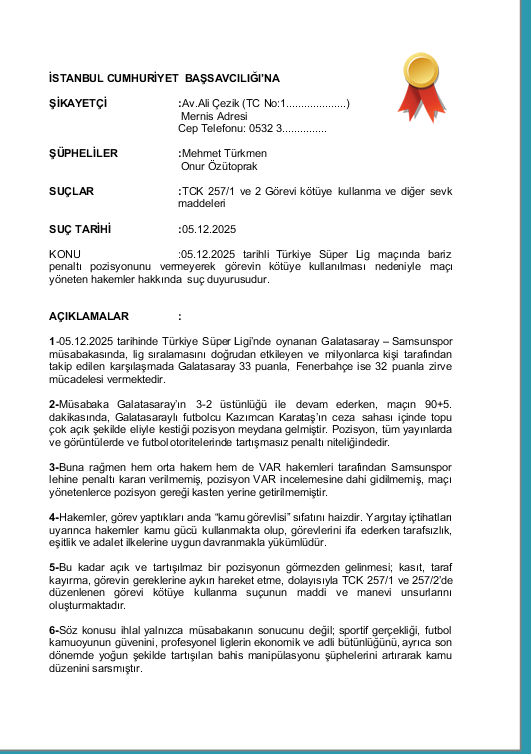 avalicezik's tweet photo. Dün oynanan Galatasaray - Samsunspor maçında verilmeyen skandal penaltı kararına ilişkin suç duyurumuzun tam metni ektedir. Hukukun üstünlüğü gereği davanın takipçisi olacağız. https://t.co/m8DIokUU0R