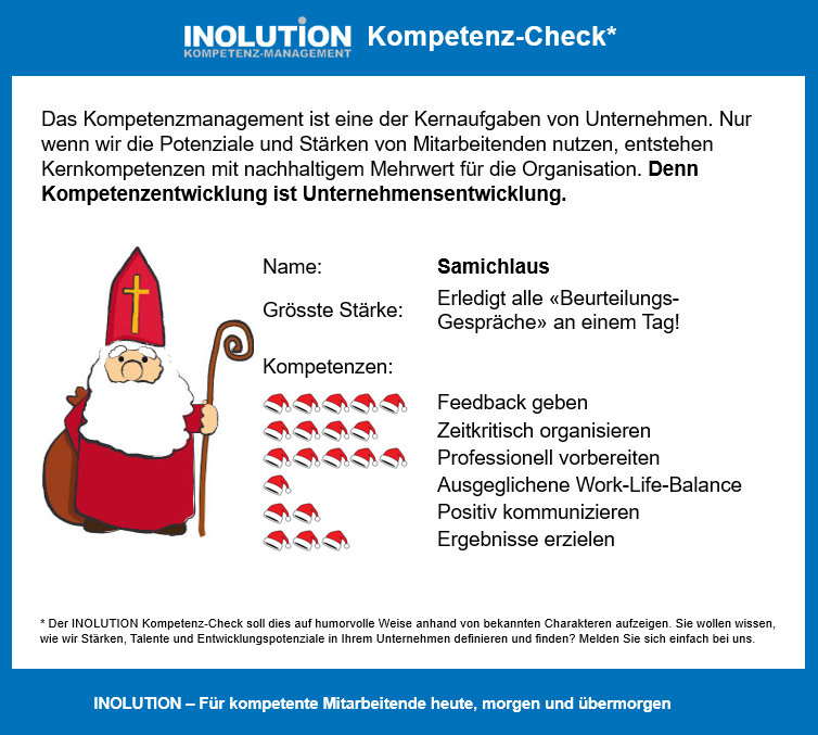 Inolution_AG's tweet image. Treue Follower haben es vielleicht bemerkt, der November-Kompetenz-Check kommt verspätet. Dafür kommt er pünktlich für unseren heutigen Protagonisten, den wir schon lange unter die Lupe nehmen wollten: Der Samichlaus🎅​. 

kompetenz-management.com/kompetenz-chec…