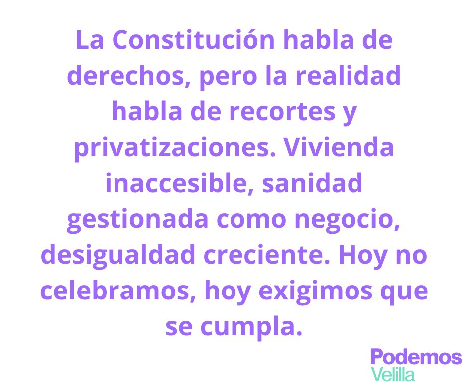 No celebramos la Constitución cuando la vivienda es un lujo, la sanidad un negocio y no hay igualdad.
#Podemos #velilladesanantonio #velilla <a href="/Podemos_CMad/">Podemos C.Madrid</a>