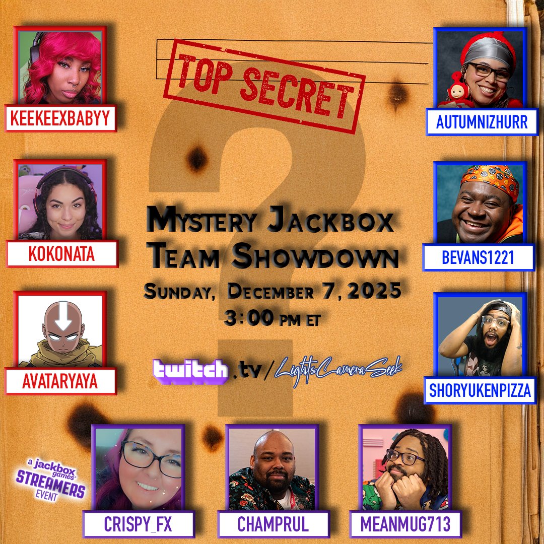 This time tomorrow (Sunday Dec. 7th) I'll be joined by <a href="/crispy_fx/">crispy</a> &amp; <a href="/meanmug713/">Meanmug</a> as we team up to compete against other great streamers in a mystery <a href="/jackboxgames/">Jackbox Games</a>  showdown built by <a href="/LightsCamSeek/">The Black Bob Barker</a>! Make sure you tune into his channel for all the action! 3pm Eastern 12/7/25!