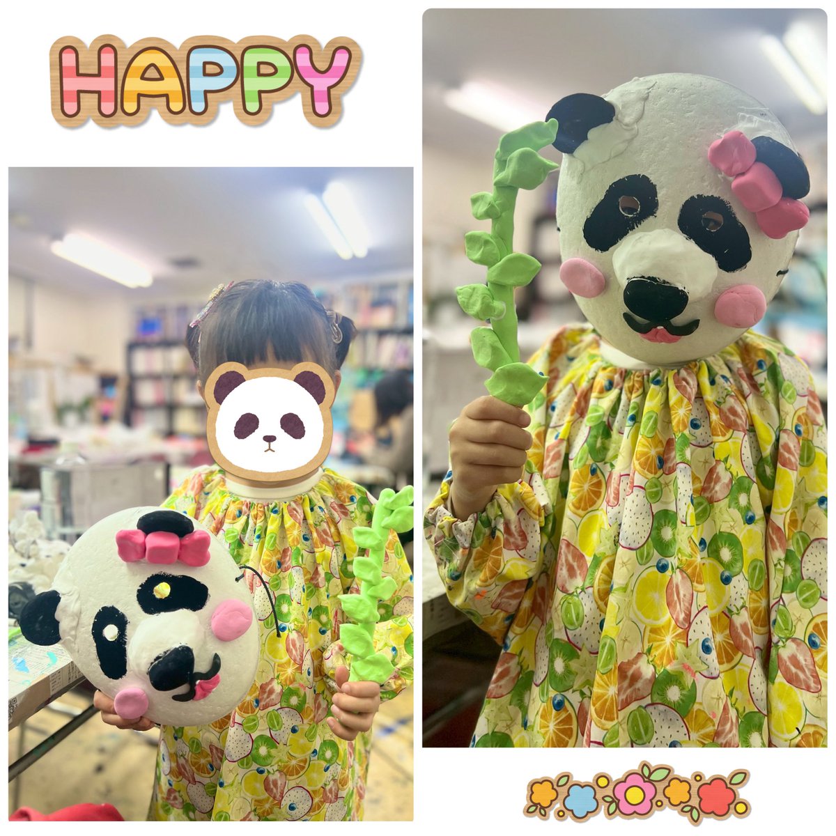 Omochiさんのアトリエ　様 O.Hさん（年長）の粘土お面がとびきり可愛い💕 笹のアイテムもセットで