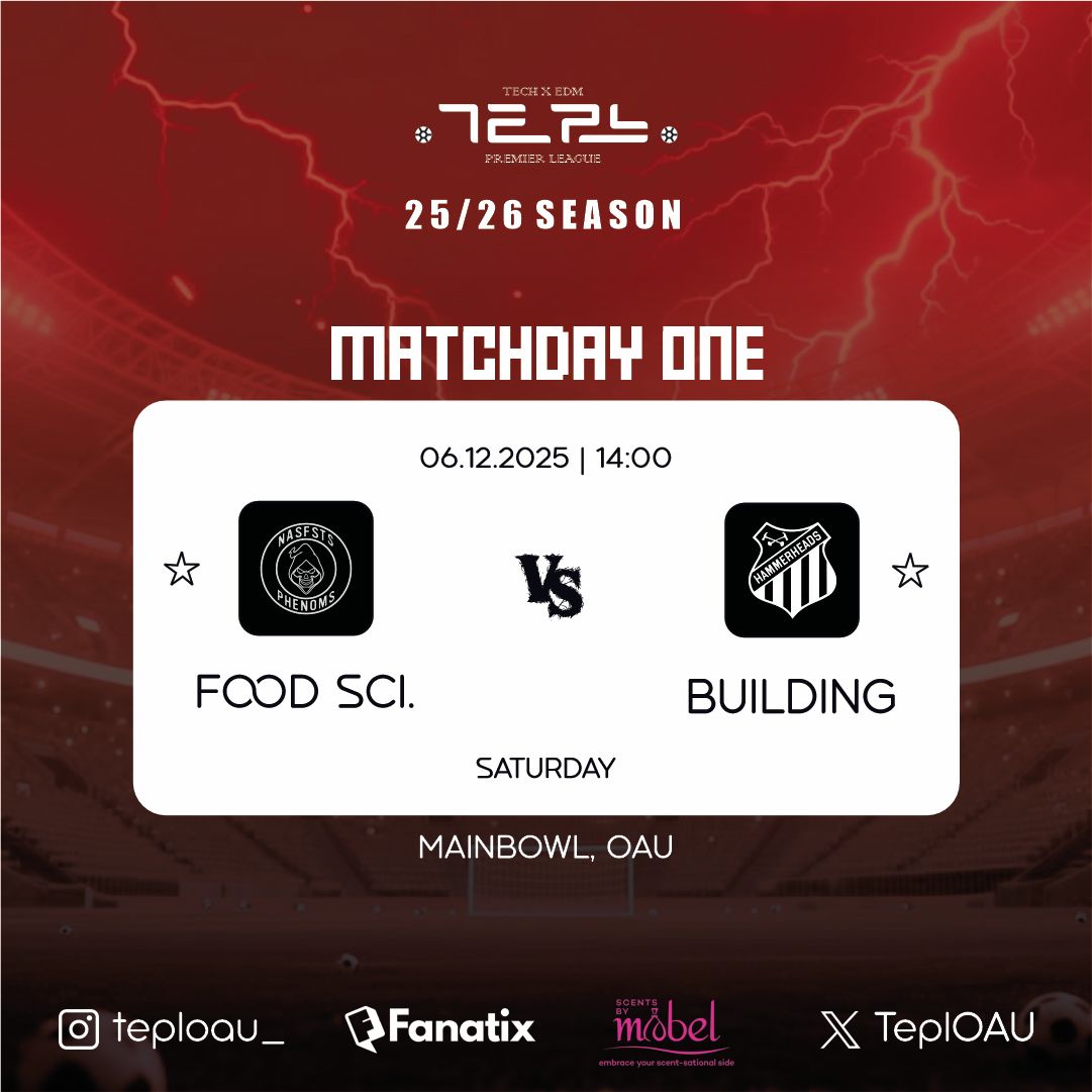 TeplOAU's tweet photo. From the lab to the pitch FST lock horns with a rugged Building side in a game that promises raw energy and pure hunger.

A battle of precision vs power. Will Food Science cook up an opening-day surprise or will Building construct an early upset?

Expect to be entertained. https://t.co/xzULsUwELk
