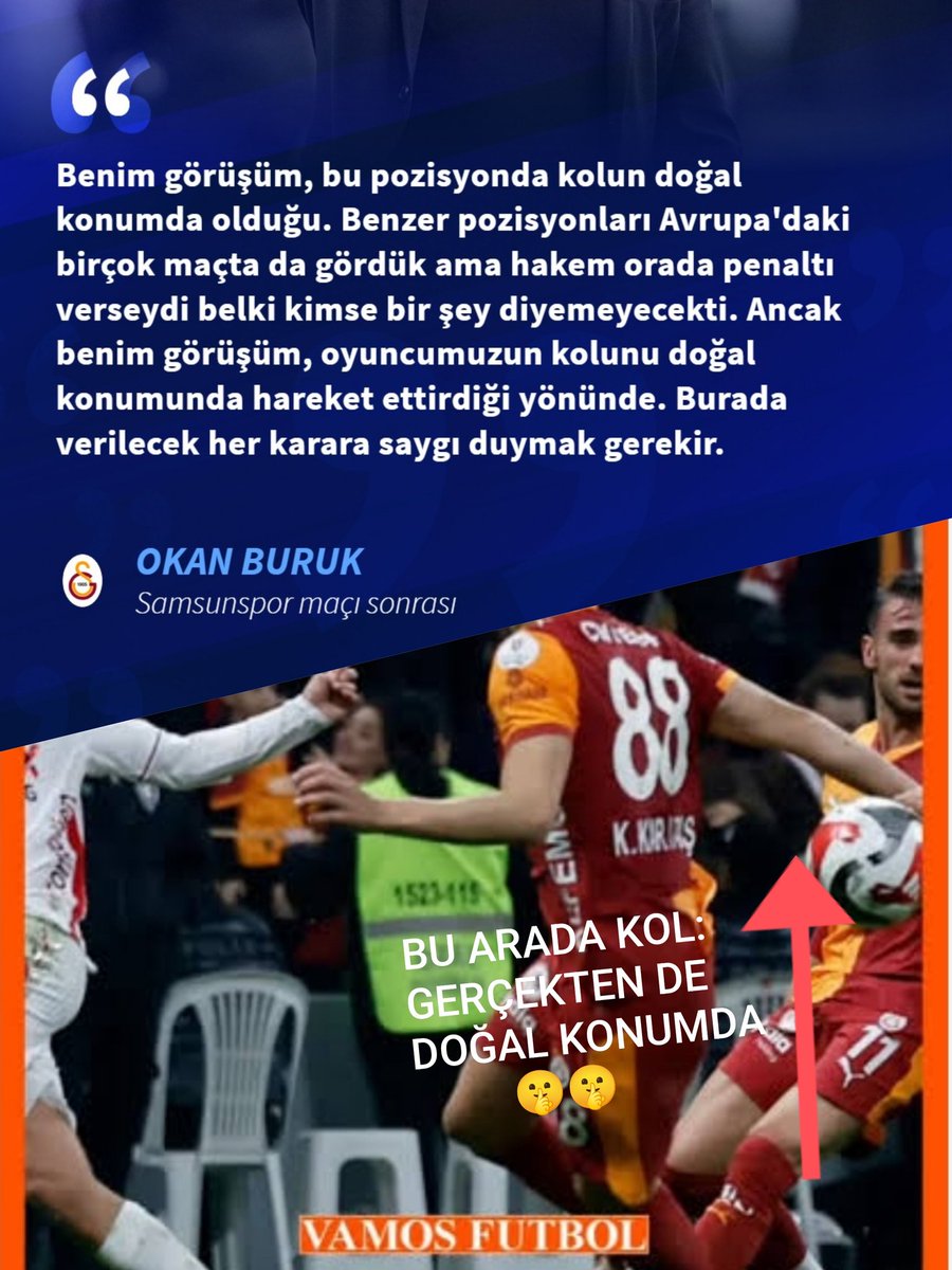 #OkanBuruk 'saygı' konusunda sınırların ötesinde duyarlıdır. 🤭🤫
Aynı durum kendileri için de oluşsa, KESİNLİKLE aynı demeci verirdi. 
Öyle; zıplamakmış, küfür-hakaretmiş, tahrik-tehditmiş, stadı hakemin kafasına yıkmaya çalışmakmış KATİYEN tarzı değildir. 
🤣😂
#GSvSAM #Penaltı