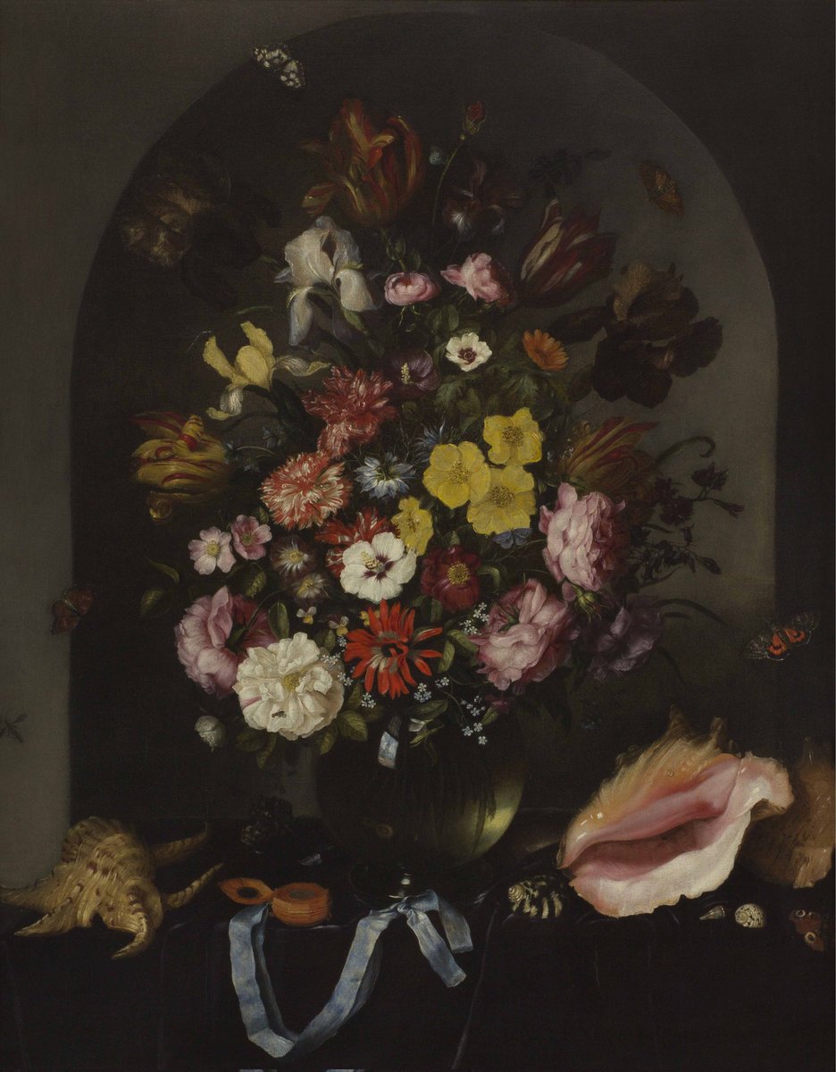 - parel van de dag -

Pieter van de Venne - Stilleven van een vaas met bloemen in een nis met schelpen en een horloge (circa 1650)
