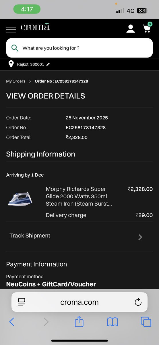 likhit54's tweet photo. @cromaretail Hello,  I purchased from your online store Steam Iron of @MorphyRichards_ on 25th November 2025 which was supposed to be delivered on 1st December 2025, which even after 4 consecutive compliants on Croma TollFree Number 1800 572 7662 there is no response and update. https://t.co/FPfUgv00NA