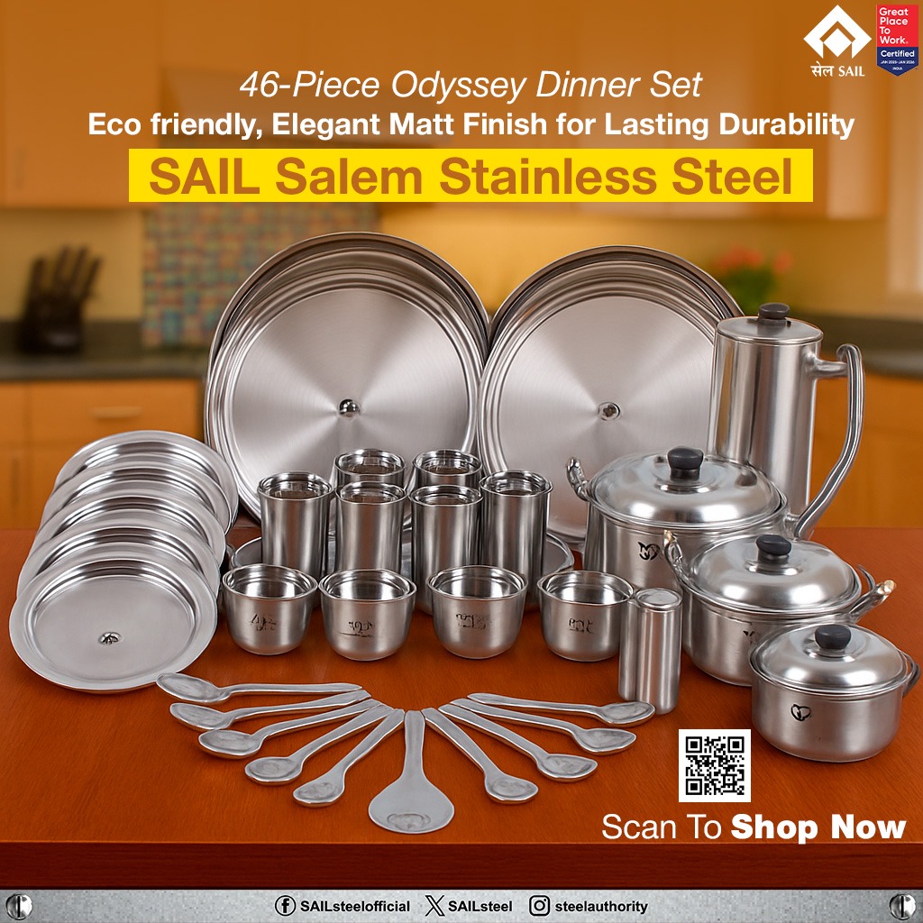 SAILsteel's tweet photo. Transform your dining experience with the 46-Piece Odyssey Dinner Set, crafted for eco-friendly living, lasting durability, and everyday elegance.
Made with premium stainless steel by SAIL Salem, its refined matt finish adds a touch of class to every meal.

#SAILSalem https://t.co/sdJafGFF71