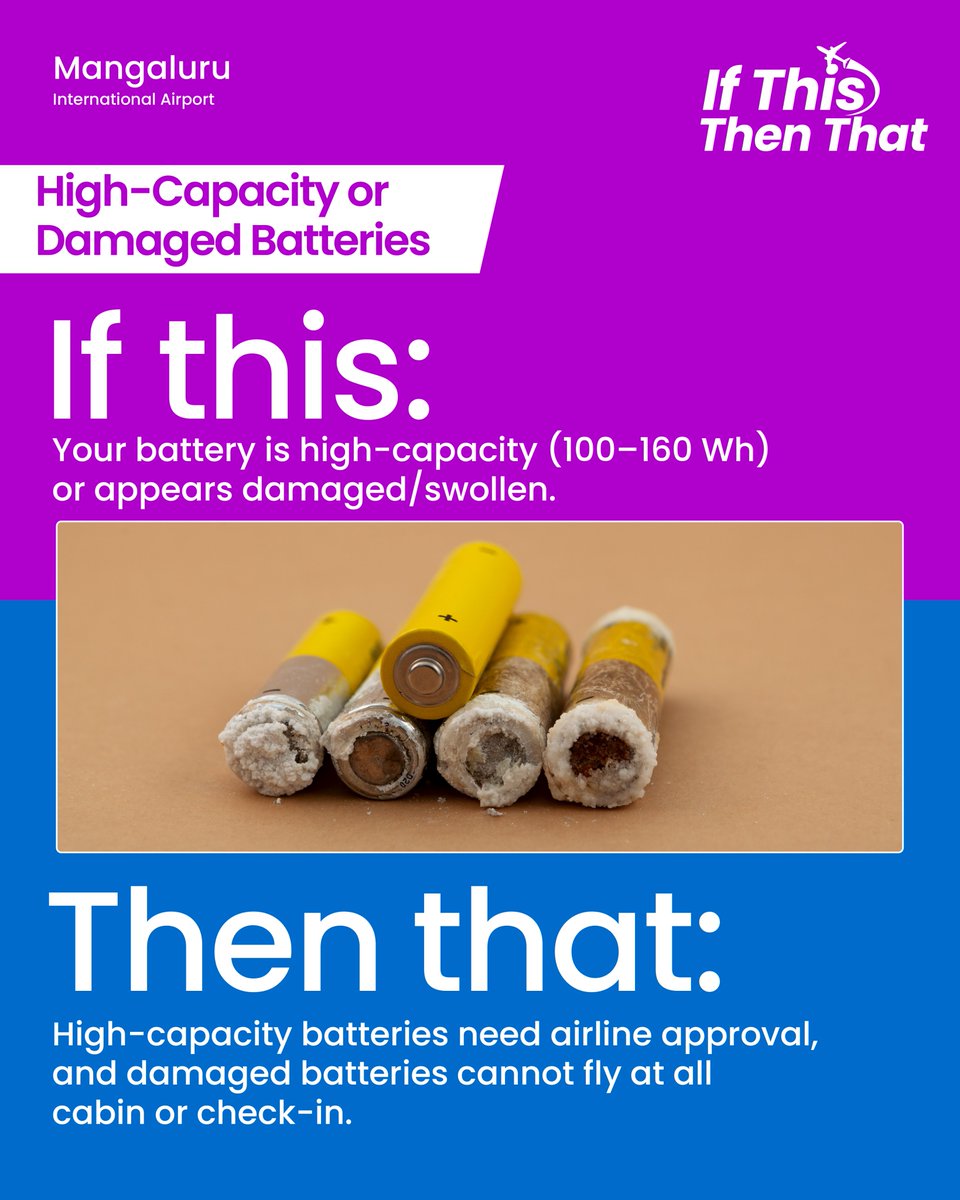 mlrairport's tweet photo. Travelling with a power bank or spare batteries?
Here is what goes in cabin baggage and what cannot fly at all. Swipe to know before you pack.
#MangaluruAirport #IXE #KnowBeforeYouPack #TravelSmart https://t.co/Gjiy6wpWEv