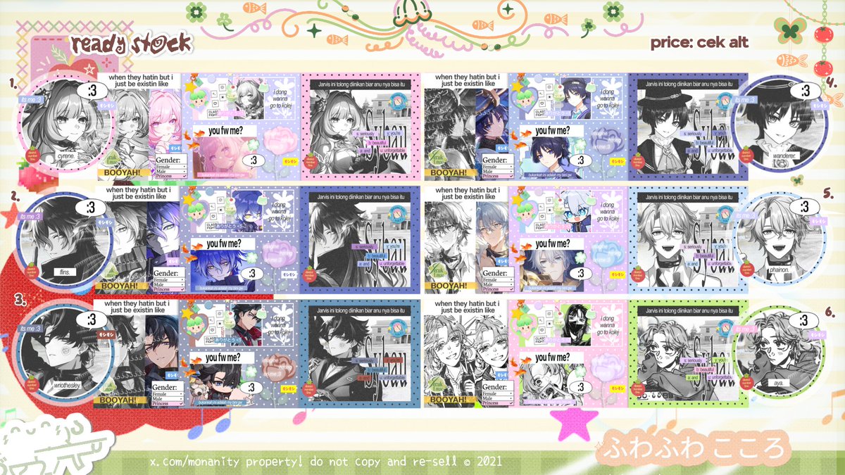 ∩_∩
✩( ˶ᴗ _ᴗ)✩
help rt? thank you!! 💞

hello! Lia ada layout ready stock manga (green yuri), genshin &amp; hsr seperti dibawah ini 😆❤️

🍀 rs price: 17k/each ava PNG only
🧁 take by dm pukul 19.00 wib  
#zonauang #zonaba