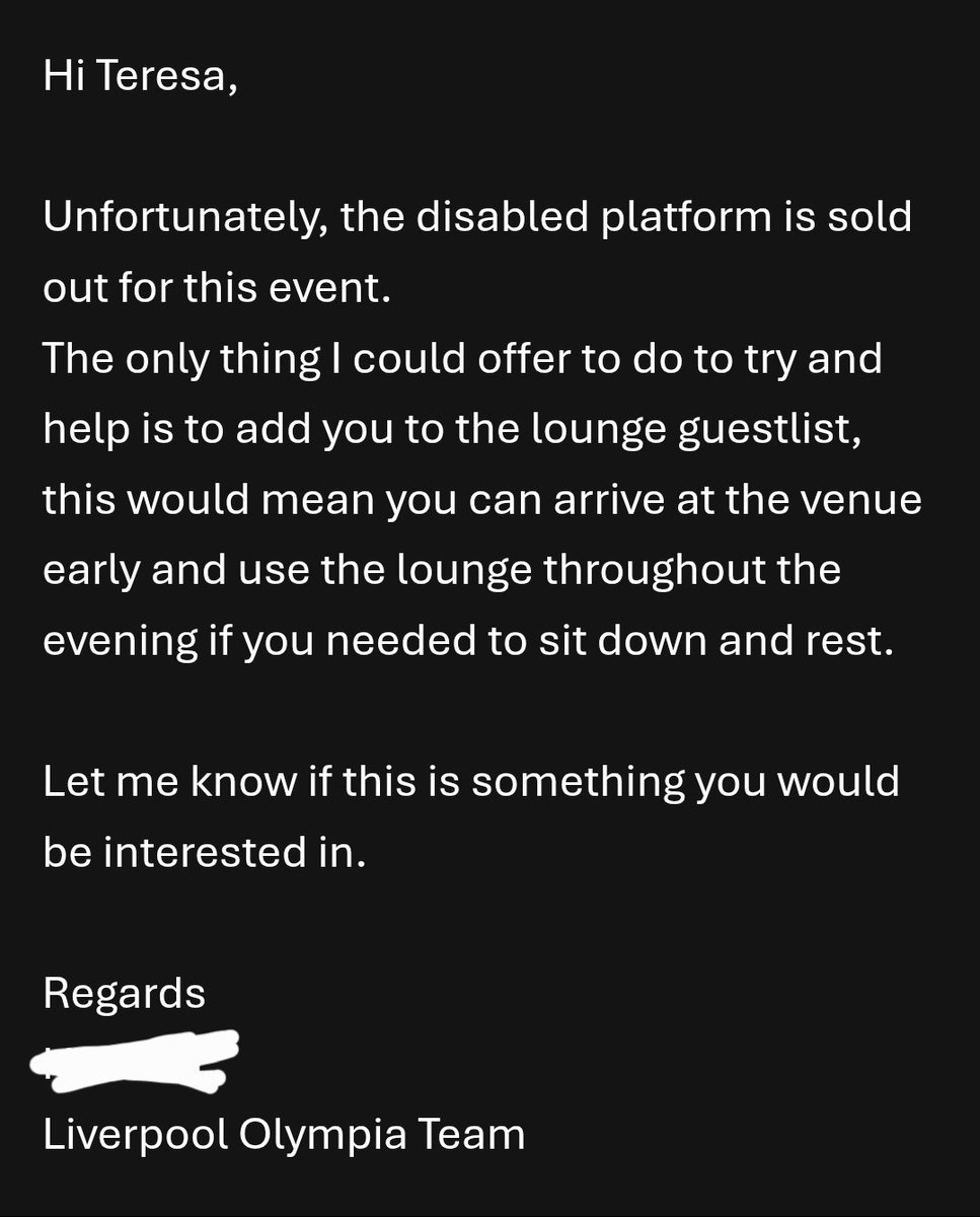 It is hard enough to recently become disabled but being lied to when you reach out for help is even more embarrassing <a href="/LpoolOlympia/">Liverpool Olympia</a> told me that the #accessibility #platform was sold out so I had to use the #upperbalcony only to sit directly above an EMPTY platform.