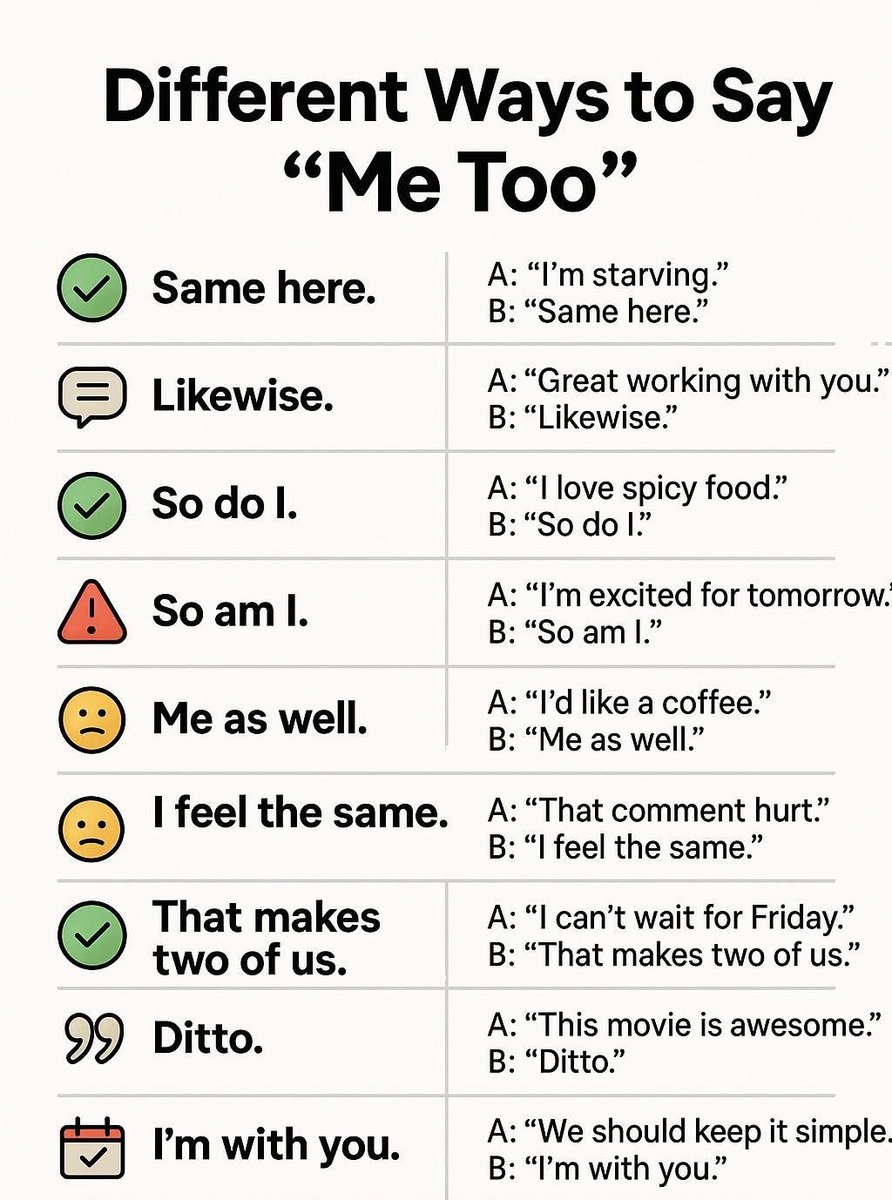 _learnEnglis's tweet photo. Different ways to say me too https://t.co/7CWOfqIE78