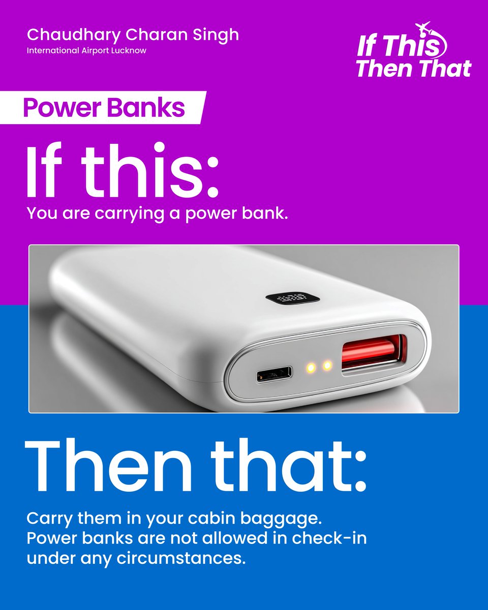 lkoairport's tweet photo. Travelling with a power bank or spare batteries?
Here is what goes in cabin baggage and what cannot fly at all. Swipe to know before you pack.
#LucknowAirport #CCSIA #KnowBeforeYouPack #TravelSmart https://t.co/xD5qgsBgkO