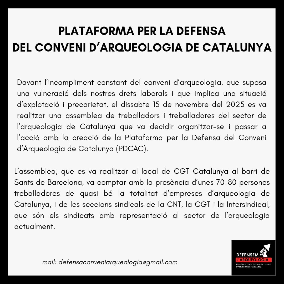 ArqueoCGT's tweet photo. Assemblea de la Plataforma per la Defensa del Conveni d'#Arqueologia de #Catalunya (#PDCAC)
🗓️ Dissabte 13 de desembre
🕙 A les 10h
📍 Al local de CGT Catalunya (C/ Burgos 59, #Sants-#Bcn)
Defensem l'arqueologia!
Si no ets tu, qui ho farà?
Si no és ara, quan ho farem? https://t.co/Xx1PifKfJE