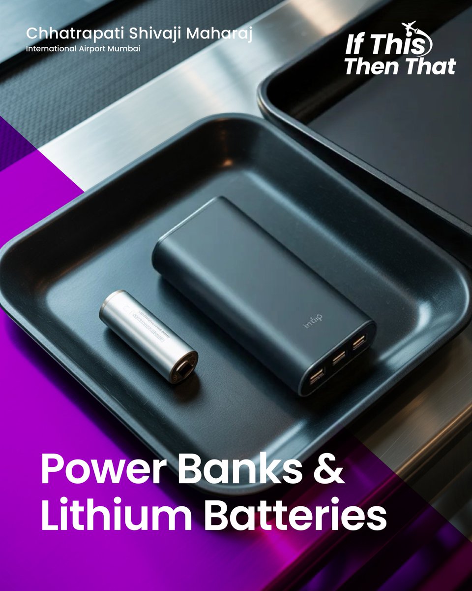 CSMIA_Official's tweet photo. Travelling with a power bank or spare batteries?
Here is what goes in cabin baggage and what cannot fly at all. Swipe to know before you pack.
#MumbaiAirport #CSMIA #KnowBeforeYouPack #TravelSmart https://t.co/nuvnnhXxdg