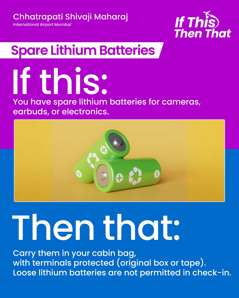 CSMIA_Official's tweet photo. Travelling with a power bank or spare batteries?
Here is what goes in cabin baggage and what cannot fly at all. Swipe to know before you pack.
#MumbaiAirport #CSMIA #KnowBeforeYouPack #TravelSmart https://t.co/nuvnnhXxdg