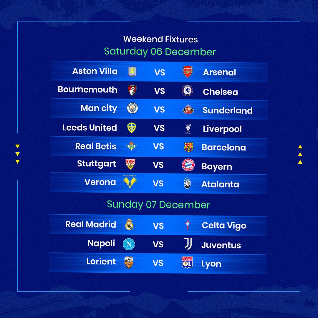 NairaBET's tweet photo. Weekend Fixtures don land 🔥

No dulling, Check our site and place your bets with fantastic odds boost 😋

Make your day sweeter with BIG winnings 🤑

👉 Click here to start: https://t.co/YrjmbHlWiK

🔞 18+ | T&amp;Cs apply

#weekendfixtures https://t.co/d7eZMwbDJS
