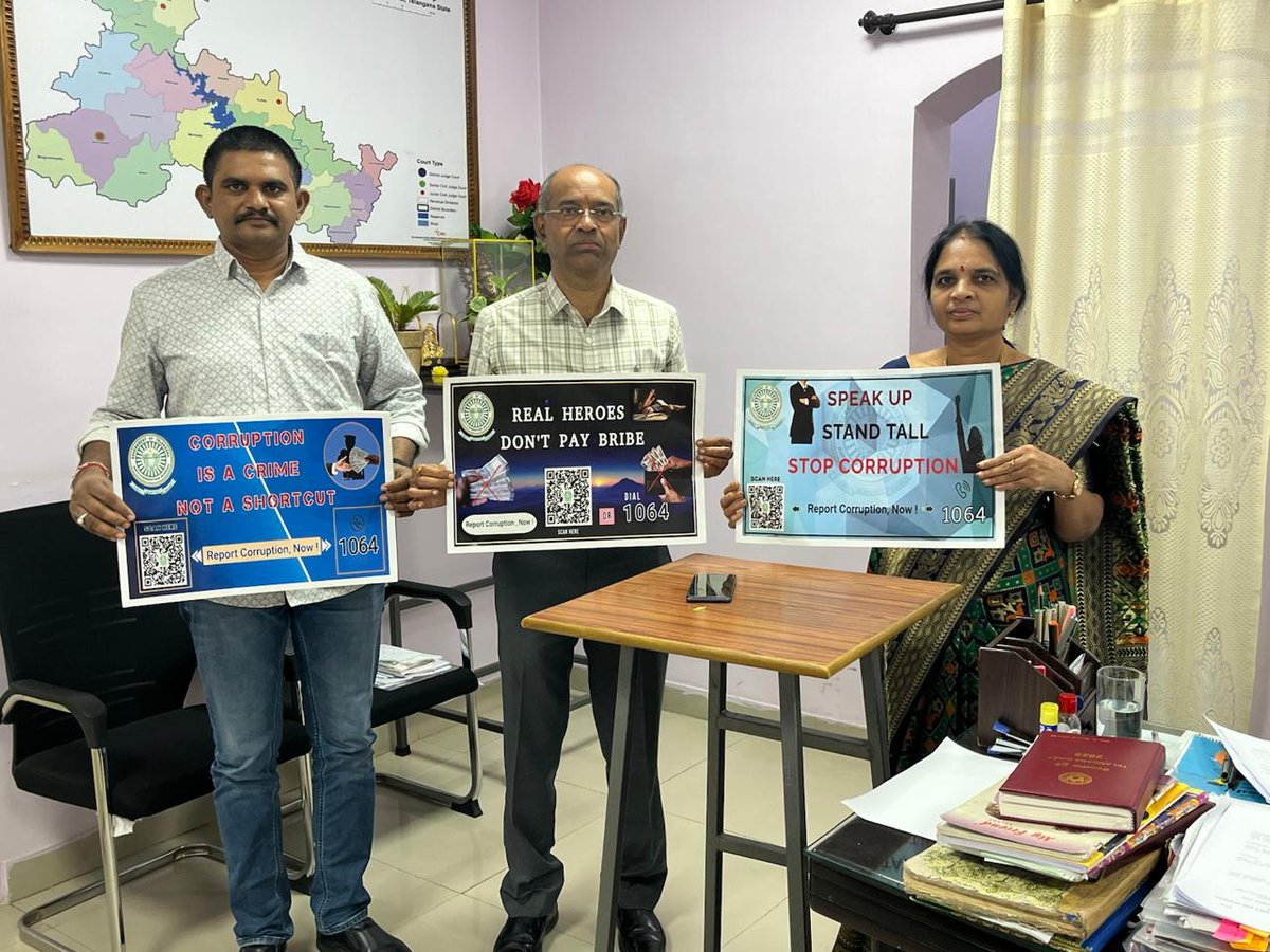 TelanganaACB's tweet photo. #AntiCorruptionBureau #Telangana is observing #AntiCorruptionWeek from 3rd to 9th of this month (One Week) in view of International #AntiCorruptionDay on 09.12.2025. 

In this regard, Hon'ble Principal Distrct & Sessions Judge Smt. G. Bhavani Chandra garu of Sangareddy District, Ms. P. Pravinya, I.A.S., @Collector_SRD and Sri Paritosh Pankaj, I.P.S., @spsangareddy have released Posters containing #1064 (Toll Free Number) of #AntiCurrptionBureau seperately, in presence of the ACB & Other officials today.

“Dial 1064 for Reporting Corruption”. The details of the Complainant will be kept secret.

#అంతర్జాతీయఅవినీతినిరోధకదినోత్సవము తేదీ:09.12.2025 నాటి సందర్భంగా #తెలంగాణ #అవినీతినిరోధకశాఖ వారు ఈ నెల 3వ తేది నుండి 9వ తేది వరకు గల వారం రోజులను #అవినీతినిరోధకవారము గా పాటిస్తున్నది. 

ఈ సందర్బంగా సంగారెడ్డి జిల్లా గౌరవ ప్రిన్సిపల్  & సెషన్స్ జడ్జి - శ్రీమతి జి.భవాని చంద్ర, జిల్లా కలెక్టర్ - శ్రీమతి పి.ప్రావీణ్య, ఐ.ఎ.ఎస్., మరియు జిల్లా ఎస్పీ - శ్రీ పరితోష్ పంకజ్, ఐ.పి.ఎస్., గార్లు వేరు వేరుగా #అవినీతినిరోధకశాఖ వారి "టోల్ ఫ్రీ నంబర్ 1064" కలిగిన పోస్టర్లను ఈ రోజు #అనిశా మరియు ఇతర అధికారుల సమక్షంలో ఆవిష్కరించడం జరిగింది.

ఎవరయినా #లంచం డిమాండ్ చేస్తే 1064 కు డయల్ చేసి ఫిర్యాదు చేయండి. ఫిర్యాదుధారుల వివరములు గోప్యంగా ఉంచబడును.

#IACD2025
#UnitedAgainstCorruption
#FightAgainstCorruption
#SayNoToCorruprion
#StopCorruption