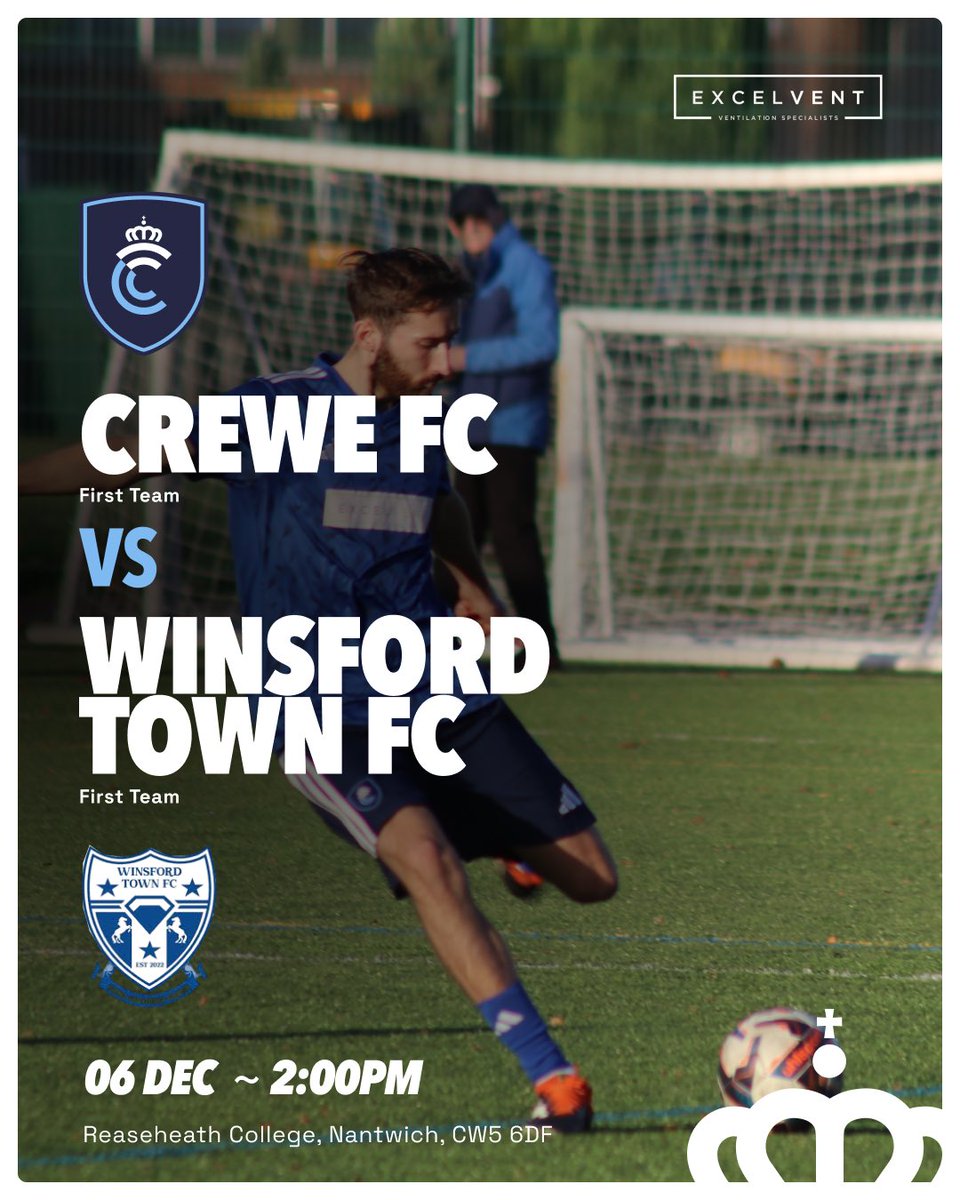 𝗠𝗮𝘁𝗰𝗵𝗱𝗮𝘆! 

⚽️<a href="/CreweFC/">Crewe FC</a> v <a href="/WinsfordTownFC/">Winsford Town Football Club</a> 

🗓 06/12/25

🏆 <a href="/CCFACountyCups/">Cheshire FA County Cups</a> Qtr-Final

🕑 2pm Kick Off

📍 <a href="/Reaseheath/">Reaseheath College</a>, Nantwich, CW5 6DF

🎟Adults £3 / Children £1

👋🏻 See you there!