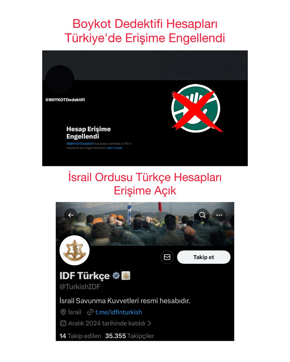 Sadece Soruyorum İsrail Ordusunun
Türkçe Hesabı Türkiye'de Erişime
Engellenmezken ve Yayınlarına Devam Ederken

🇵🇸 Boykot Dedektifi 'nin Engellenmesi
Sizlerin Adına da 'YAZIK' Değil mi ?

Bürokrasisi Kuvvetli Herhangi bir markanın talebi ise bu, en azından
O markaya ait sekme