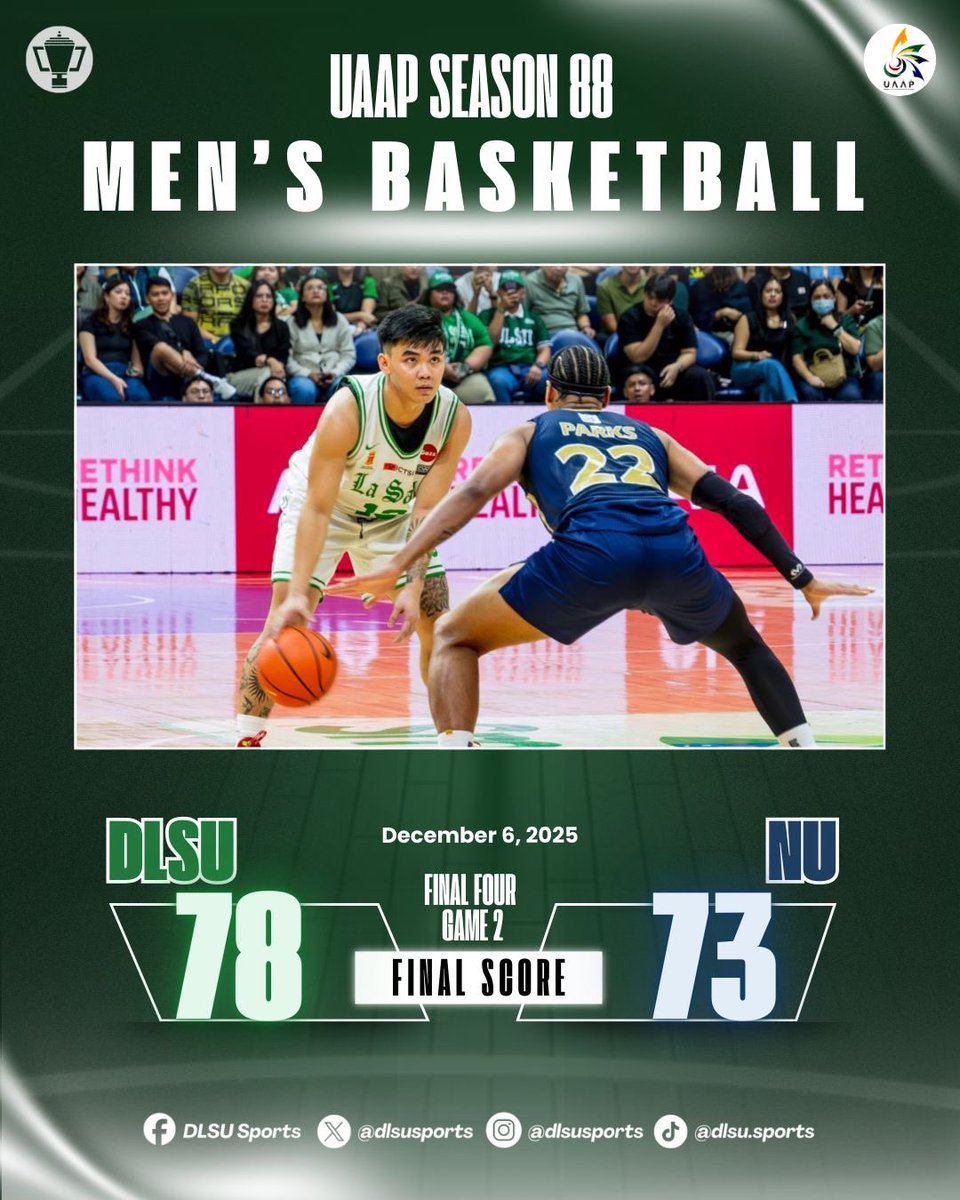 DOG DAYS ARE OVER 🐶❌

The DLSU Green Archers punched their ticket to the finals after silencing the NU Bulldogs, 78-73! 🎫

#UAAPSeason88 #StrengthInMotionHopeInAction #AnimoGr88ness #GoLaSalle #AnimoLaSalle #DLSUSports