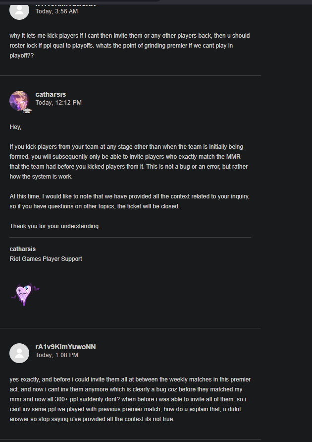 KimYuwoNN's tweet photo. I SAID I CANT INV SAME PLAYERS BACK AND THEY STILL TALK ABOUT CHANGING MMR WHAT A JOKE. I CANT INV ANYONE AND BEFORE IN THIS PREMIER ACT I COULD INV THEM AND OTHERS BETWEEN ALL OF THE GAMES IN PREMIER
@VALORANT @RiotTuxedo @UPS3RGE https://t.co/0cKiVipRks
