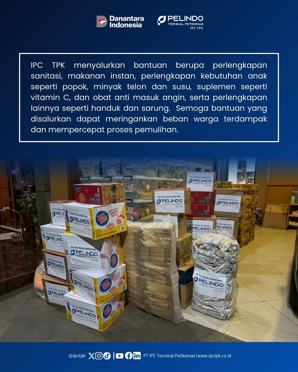 Hai #ContainerLovers

IPC TPK menyalurkan bantuan melalui program TJSL untuk korban banjir bandang yang melanda Aceh, Sumatera Utara, dan Sumatera Barat pada akhir November 2025. 

#pelindo #pelindoterminalpetikemas #sptpgroup #pelindogroup