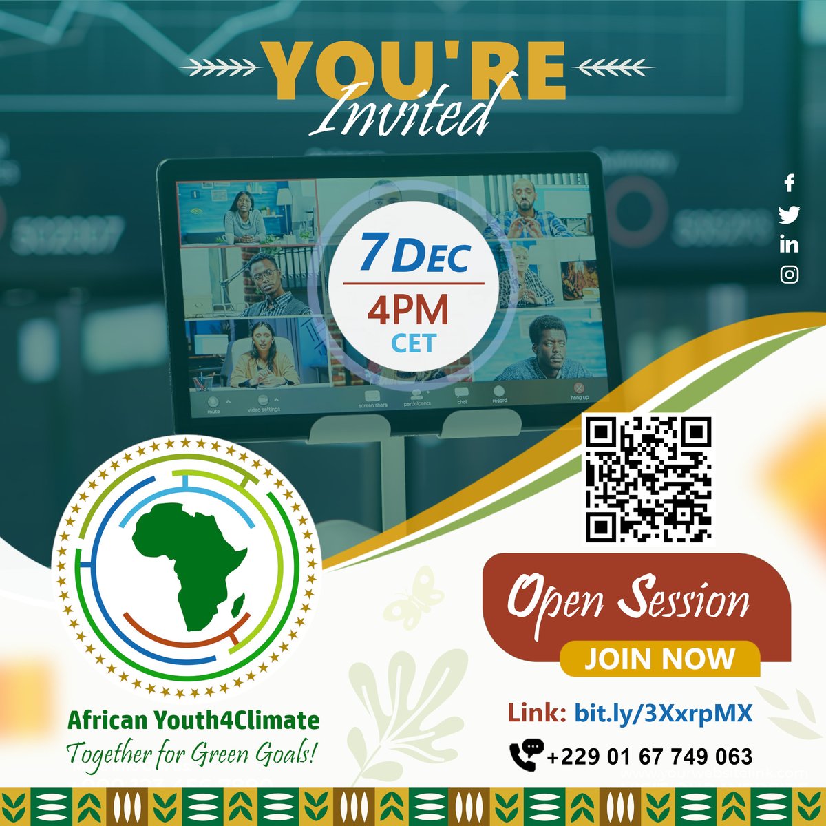 🌍 World Climate Day 2025
African Youth4Climate invites you to an open session! Presentation of our organization, new directions, collaboration opportunities, 2026 perspectives…
📅 Dec 7 – 4 PM CET
🔗 Registration: bit.ly/3XxrpMX
#AfricanY4C #Y4C #AY4C #COP30