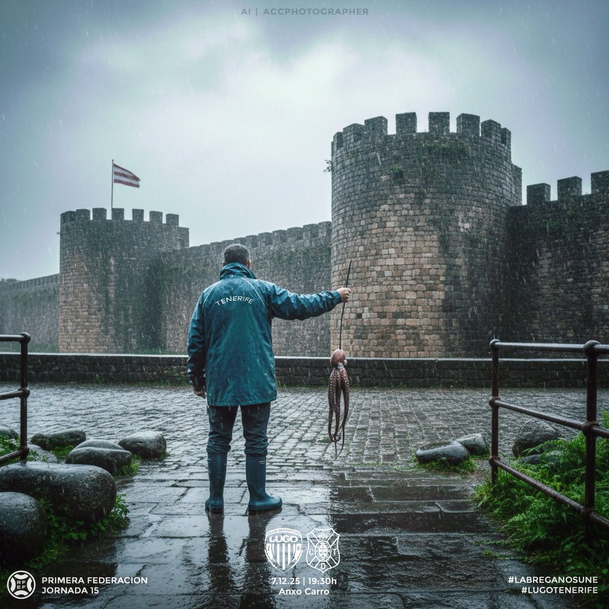 “En tierra de murallas, solo vence quien no teme a la lluvia.” 🐙

#CartelAlternativoCDT
📆 7 diciembre 
🕔 19:30h
🆚  <a href="/CDeportivoLugo/">Club Deportivo Lugo 🪓</a> 
🏟️ Anxo Carro             
⚽️ <a href="/CDTOficial/">CD Tenerife 🏴󠁧󠁢󠁳󠁣󠁴󠁿</a> 

#LaBregaNosUne  #LugoTenerife       
 <a href="/Primera_RFEF/">Primera Federación Versus e-Learning</a>
