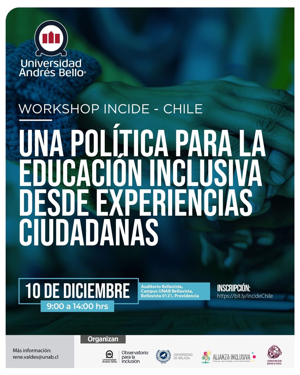 Una política para la educación inclusiva desde experiencias ciudadanas. Una serie de encuentros participativos en España y América Latina. El primero en Chile, el 10/12 en el Campus UNAB Bellavista (Providencia). 
Inscripciones en: bit.ly/IncideChile
No te lo pierdas!