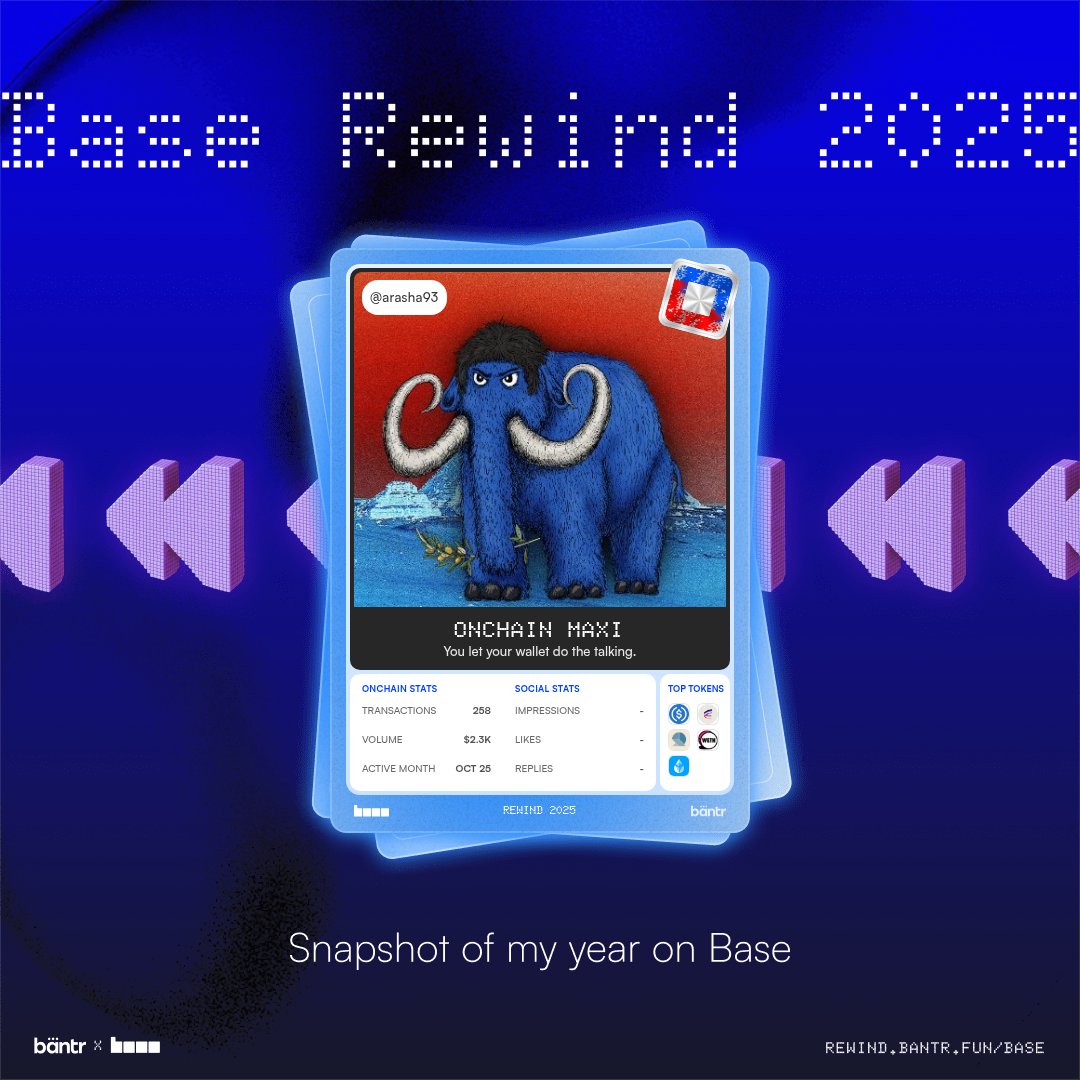 arasha93's tweet photo. Just checked my Base Rewind 2025 by @bantr_fun!
It’s a full recap of my year on @Base.

If you want to see your own onchain + social stats from 2025, go to: https://t.co/ZK9eBPcsco https://t.co/gZGNnFLlCU