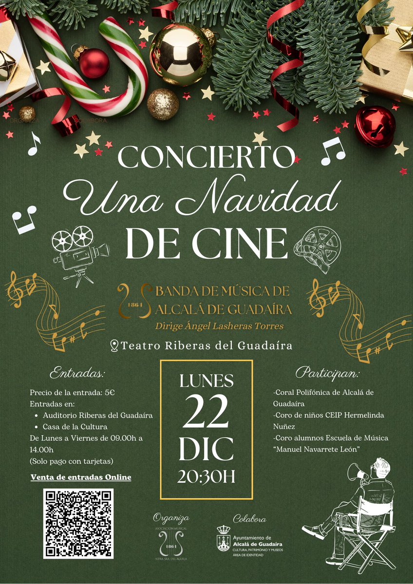🎄🎬 ¡Una Navidad de Cine!

La Banda de Música de Alcalá de Guadaíra presenta su concierto navideño en el <a href="/riberasguadaira/">Teatro Auditorio Riberas del Guadaíra</a>

📅 Lunes 22 de diciembre
⏰ 20:30 h
🎟️ Entradas: 5€ (Auditorio, Casa de la Cultura y online) entradas.alcaladeguadaira.es/es/espectaculo…

🎶 ¡No te lo pierdas!
#SuenaAlcalá