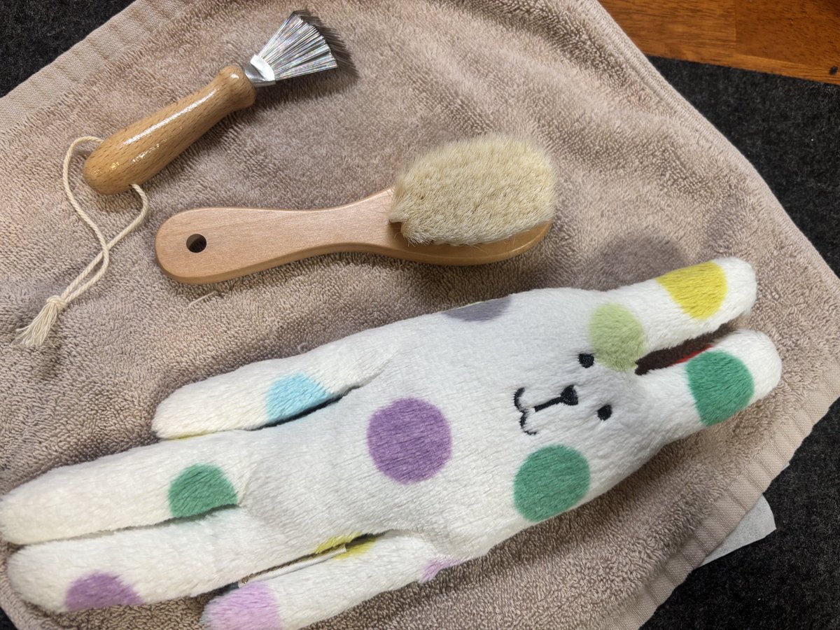 usao230's tweet photo. Amazonで買ったぬいぐるみ用のブラシで、お風呂上がりに丁寧にブラッシングして乾かしたら、毛のボサボサや塊がだいぶふわふわに戻った🙌 https://t.co/qgMo4pqaiU