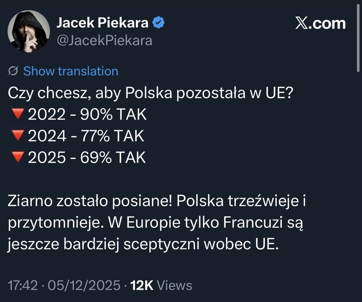 Nie sposób się z Piekarą nie zgodzić - „ziarno zostało posiane”. 

Dzień w dzień w social mediach sączy się propaganda która drąży niczym kropla skałe. 

Prawicowe partie już się dosłownie ścigają w byciu anty-UE żeby nie dać sobie odebrać wyborców przez tych, którzy przybiorą