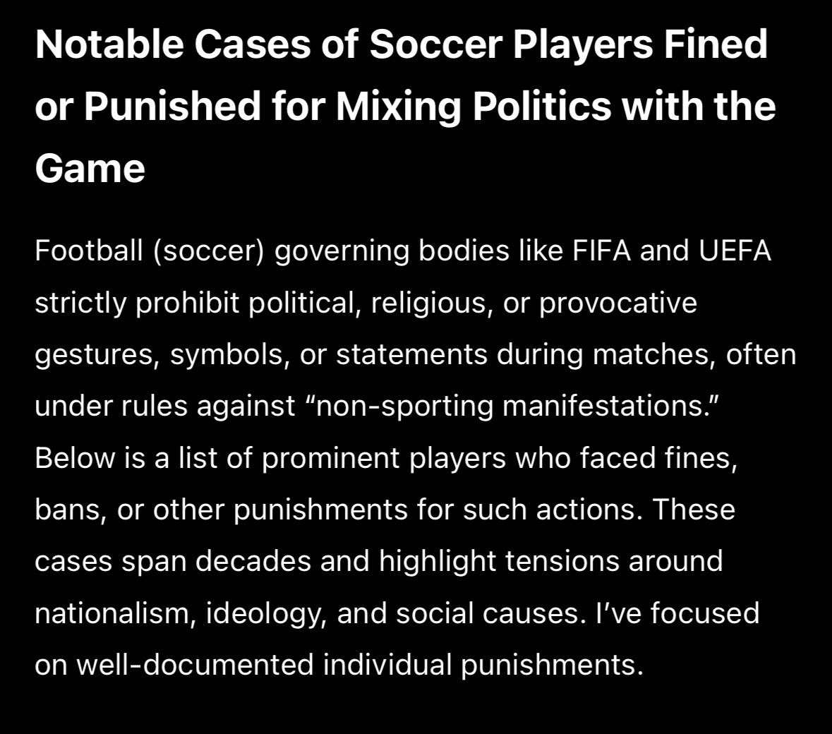 Funny that players get punished for mixing politics with football - but  <a href="/FIFAWorldCup/">FIFA World Cup</a> does it in front of billions of people