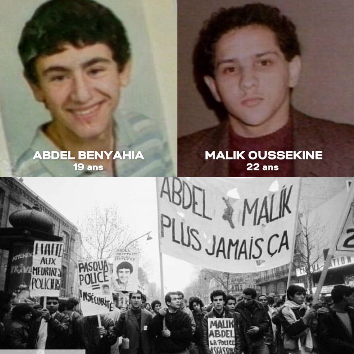 Le 6 décembre 1986, il y a 39 ans, Malik Oussekine était assassiné par les pelotons voltigeurs. Le même soir, à Pantin, Abdel Benyahia était tué par un inspecteur en civil en tentant d’apaiser une bagarre.
2 vies fauchées. 2 injustices qui résonnent encore. Ni oubli, ni pardon.