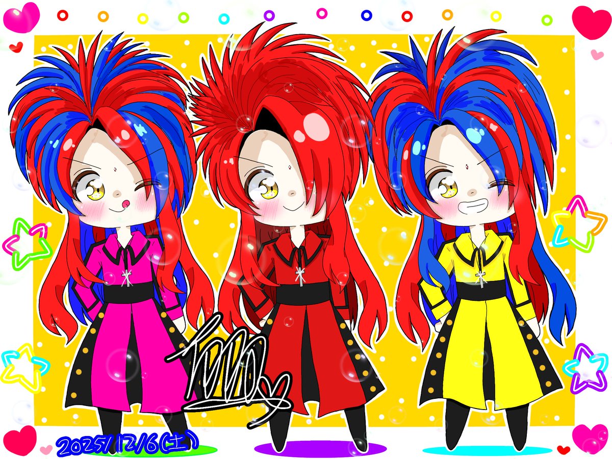 ヒデちゃん イラスト #HIDE #XJAPAN ヒデちゃん色違い❤✨💛✨🩷✨🎸