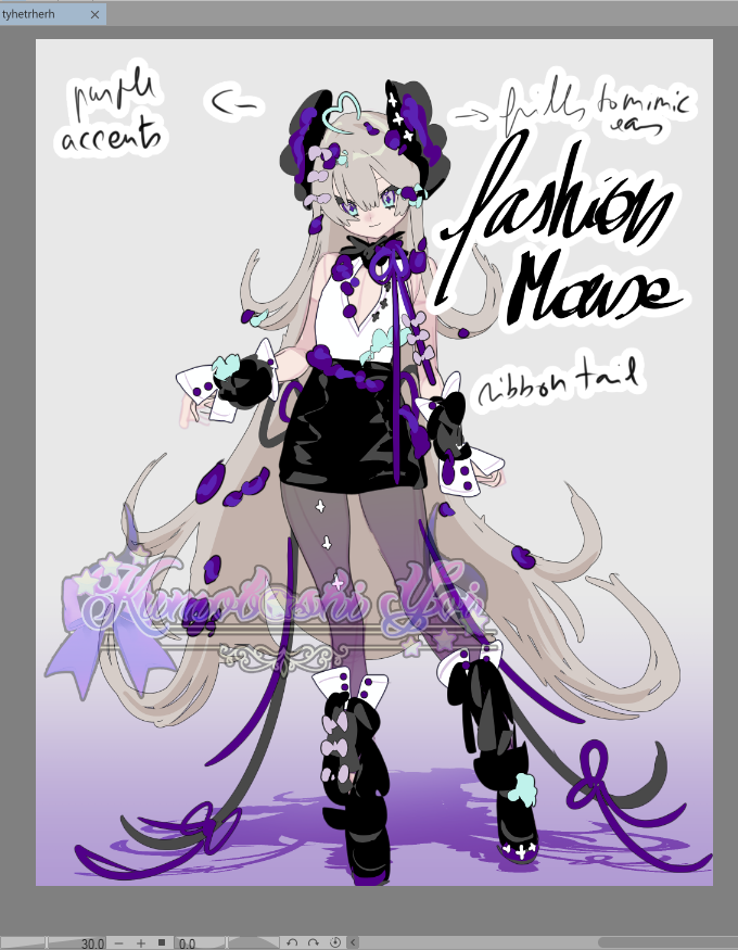 trying to chill by designing stuff
i think i drank too much coffee so i'm all shaky shaky ooooo kokoro goes doki doki too much

anyway!!!! purple mouse (she uses a ribbon as a tail and have big frills/scrunchies for the ears)