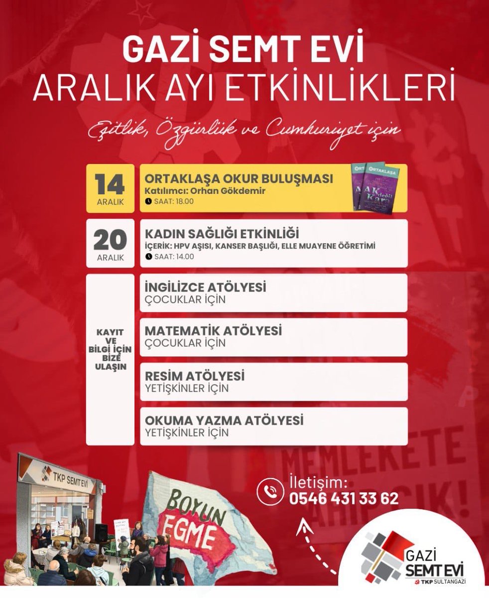 SultangaziTKP's tweet photo. 📣 Aralık ayı semt evi programımız belli oldu!
Gazi Semt Evi olarak Aralık ayında dayanışmayı, paylaşımı ve birlikte üretmeyi büyütüyoruz.

Etkinlik ve buluşmalarımıza katılmak için bizlerle iletişime geçebilirsiniz. https://t.co/s9HxTYToEM