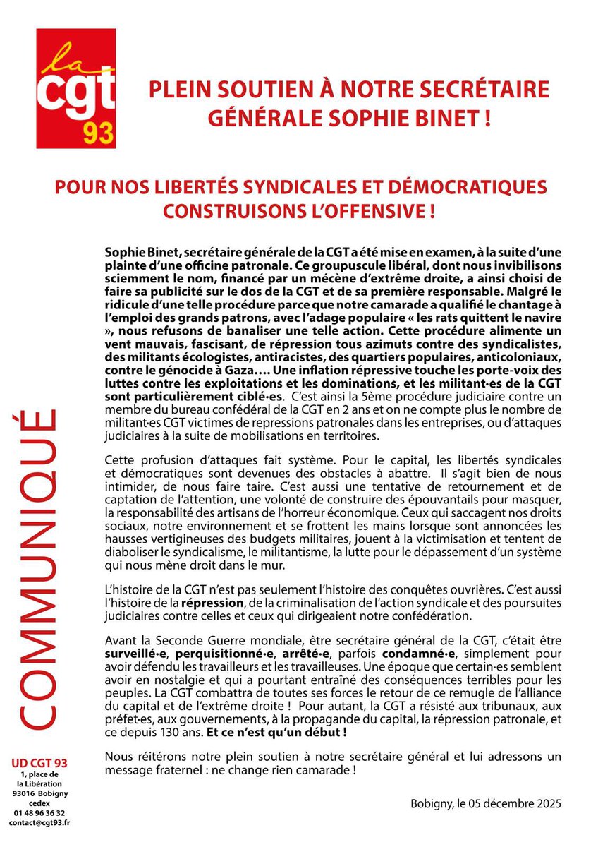 93Cgt's tweet photo. PLEIN SOUTIEN À NOTRE SECRÉTAIRE GÉNÉRALE SOPHIE BINET !
POUR NOS LIBERTÉS SYNDICALES ET DÉMOCRATIQUES
CONSTRUISONS L’OFFENSIVE !
COMMUNIQUÉ https://t.co/kR9P8eMfm6