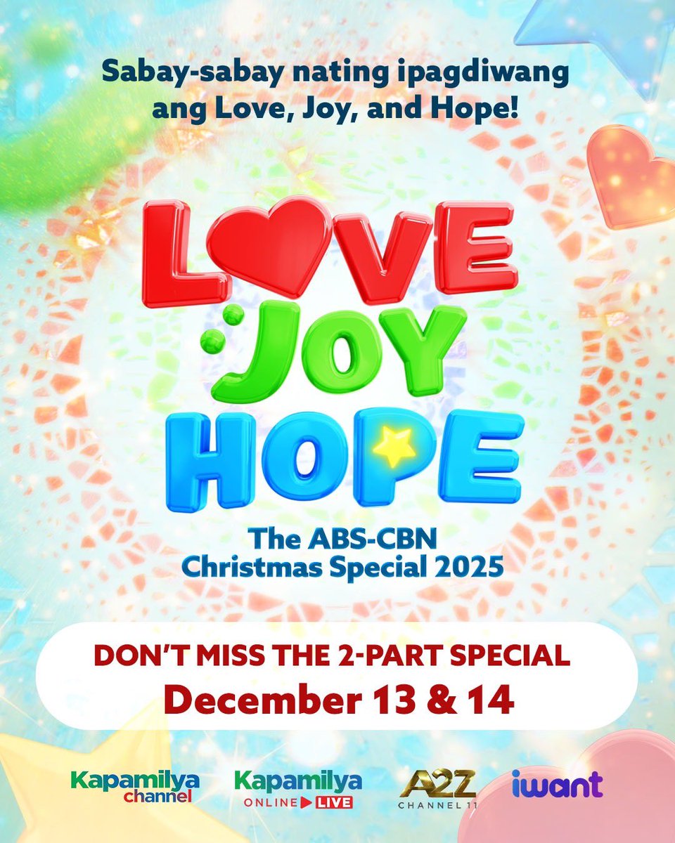 Hindi natatapos ang paghahatid ng pag-ibig, ligaya, at pag-asa ngayong Pasko! ❤️😊⭐️

Sama-sama tayo sa #ABSCBNChristmasSpecial2025 ngayong December 13 at 14! Mapapanood sa Kapamilya Channel, Kapamilya Online Live, A2Z at iWant.

#LoveJoyHope