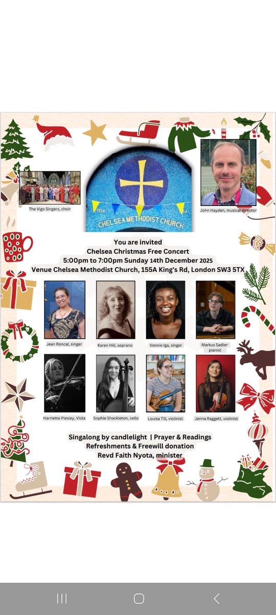 MethodistsCMC's tweet photo. Chelsea Christmas Free Concert ❤️
You are invited 5 pm Sunday 14th December 2025

Venue: Chelsea Methodist Church, 155A King's Rd, London SW3 5TX 

#singing #carols
#fun #tellafriend #God #love #You #Christ #birthday #celebration https://t.co/EjqJQS8pXx