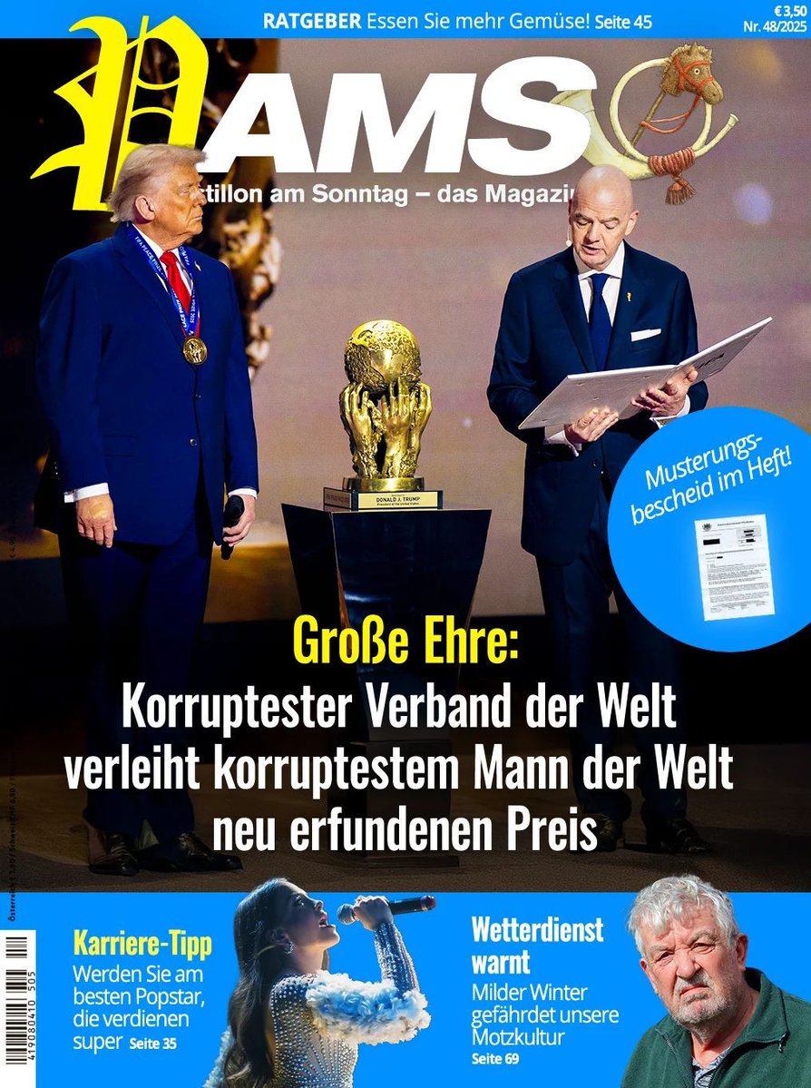 Große Ehre – Korruptester Verband der Welt verleiht korruptestem Mann der Welt neu erfundenen Preis 
der-postillon.com/2025/12/PamS-2…